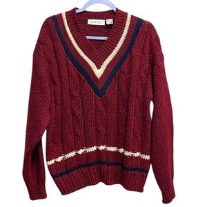 Color Cues Maroon Cable Knit Cricket Sweater Large Vintage 90s Collegiate Preppy